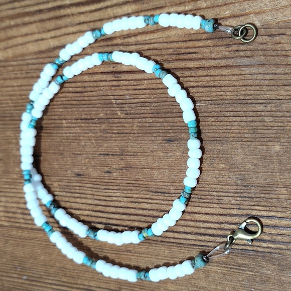 White and Turquoise Beaded Necklace, Handmade Men's Necklace, White - Picture 6 of 6